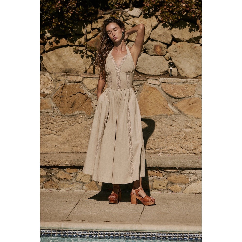 Free People NWT Making Moments Wide Leg Jumpsuit Corset Crochet Halter Boho Lg